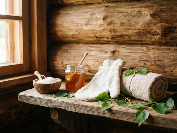 Деревянная миска с солью, баночка мёда, махровые рукавицы и полотенце на полке у окна в бане