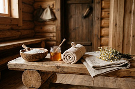 Деревянная миска с морской солью, мёд, свёрнутая махровая рукавица, льняное полотенце и ромашка на лавке в бане